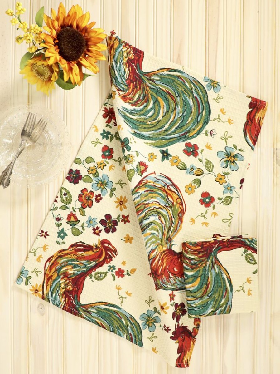 Tea Time April Cornell Tea Towels | April Cornell Rooster Ecru Tea Towel 19" X 27"