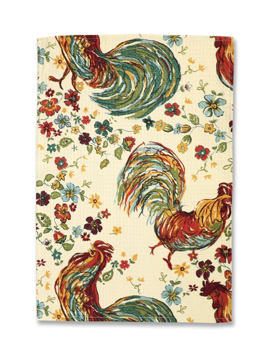 Tea Time April Cornell Tea Towels | April Cornell Rooster Ecru Tea Towel 19" X 27"