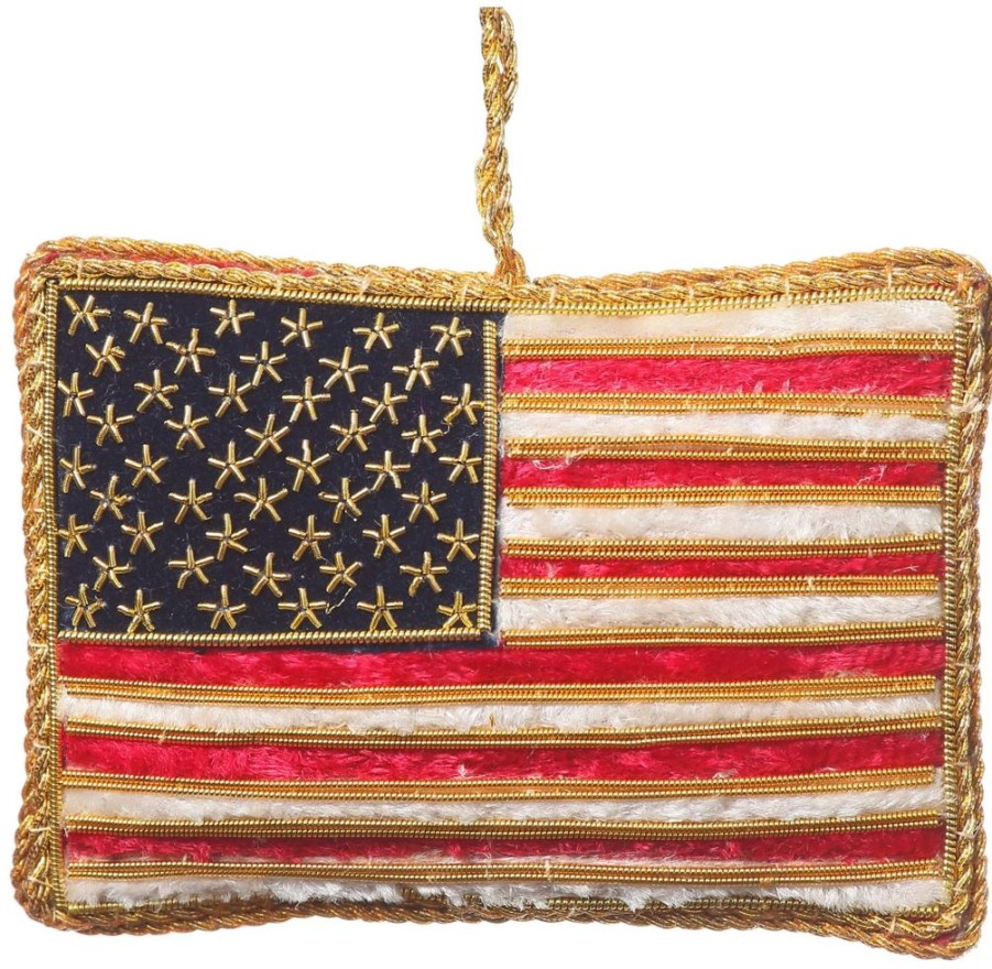 Decor St. Nicolas | St. Nicolas Velvet American Flag With God Bless America Ornament (Gold)