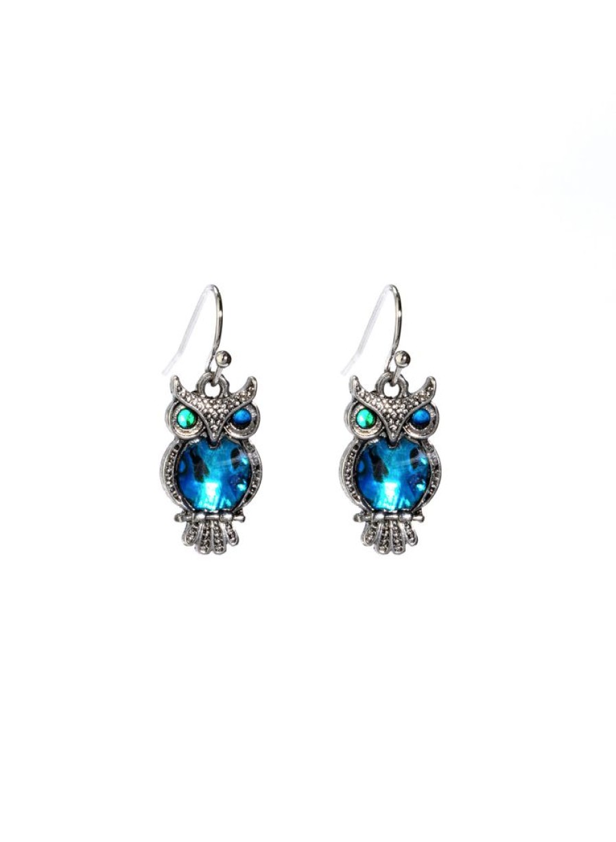 Wear British Isles Earrings | Lila Jewellery Paua Shell Ornate Owl Drop Earrings