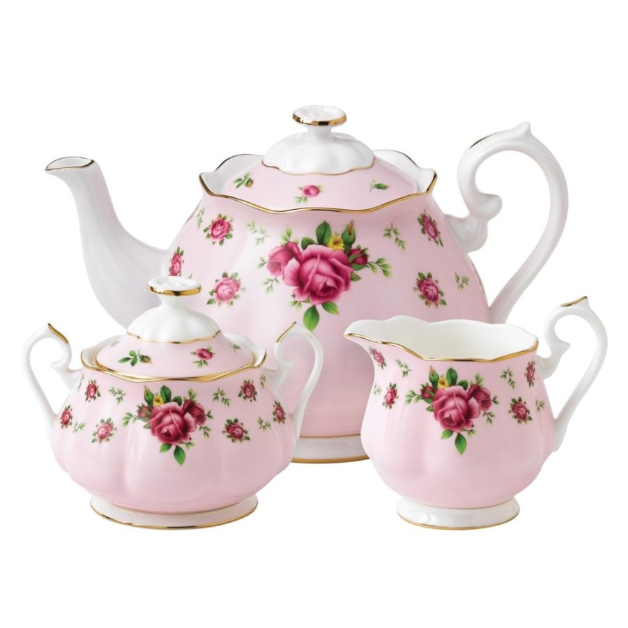 Tea Time Royal Albert Creamers & Sugar Bowls | Royal Albert New Country Roses Pink 3 Piece Tea Set (Teapot, Creamer And Sugar)