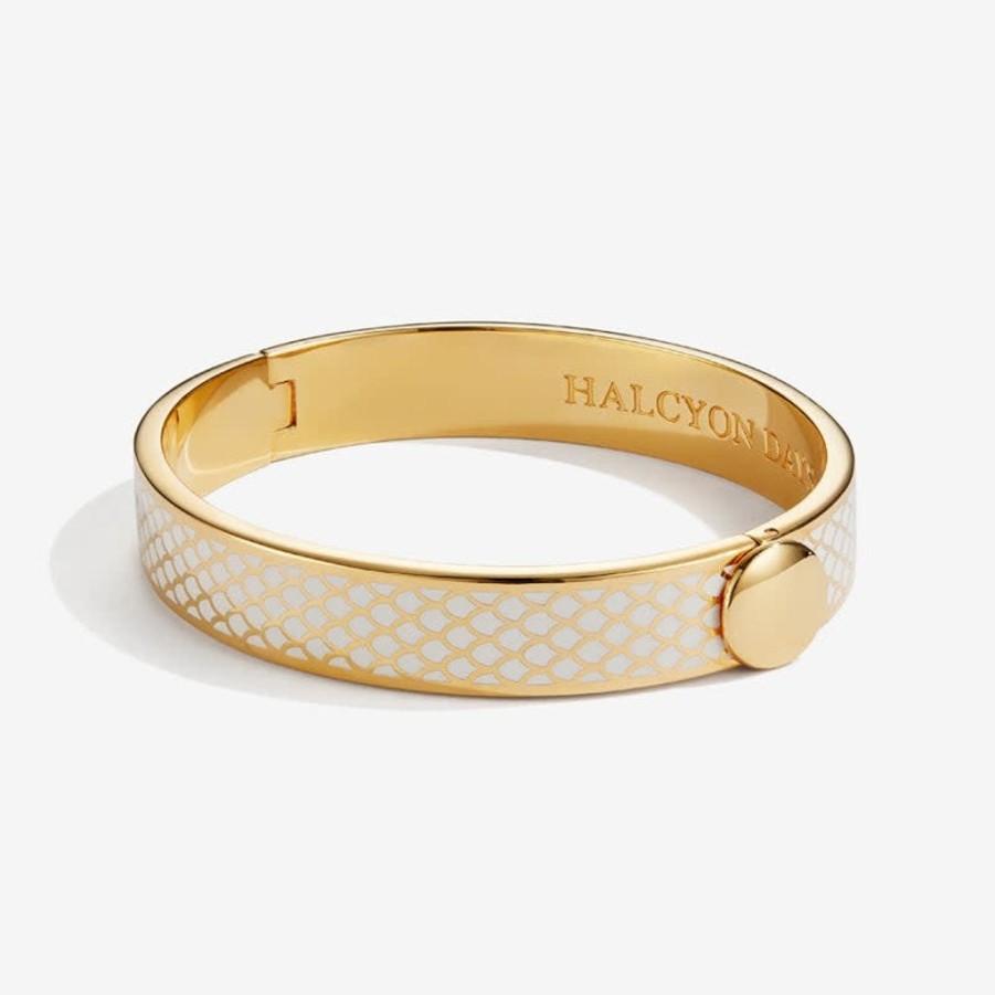 Wear Halcyon Days Bracelets & Bangles | Halcyon Days 1Cm Salamander Cream & Gold Hinged Bangle