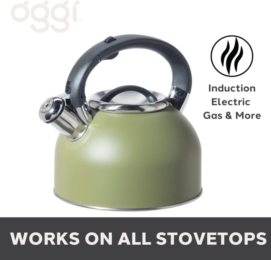 Tea Time British Isles Tea Kettles | Oggi Stainless Steel 1.9L Whistling Tea Kettle Olive