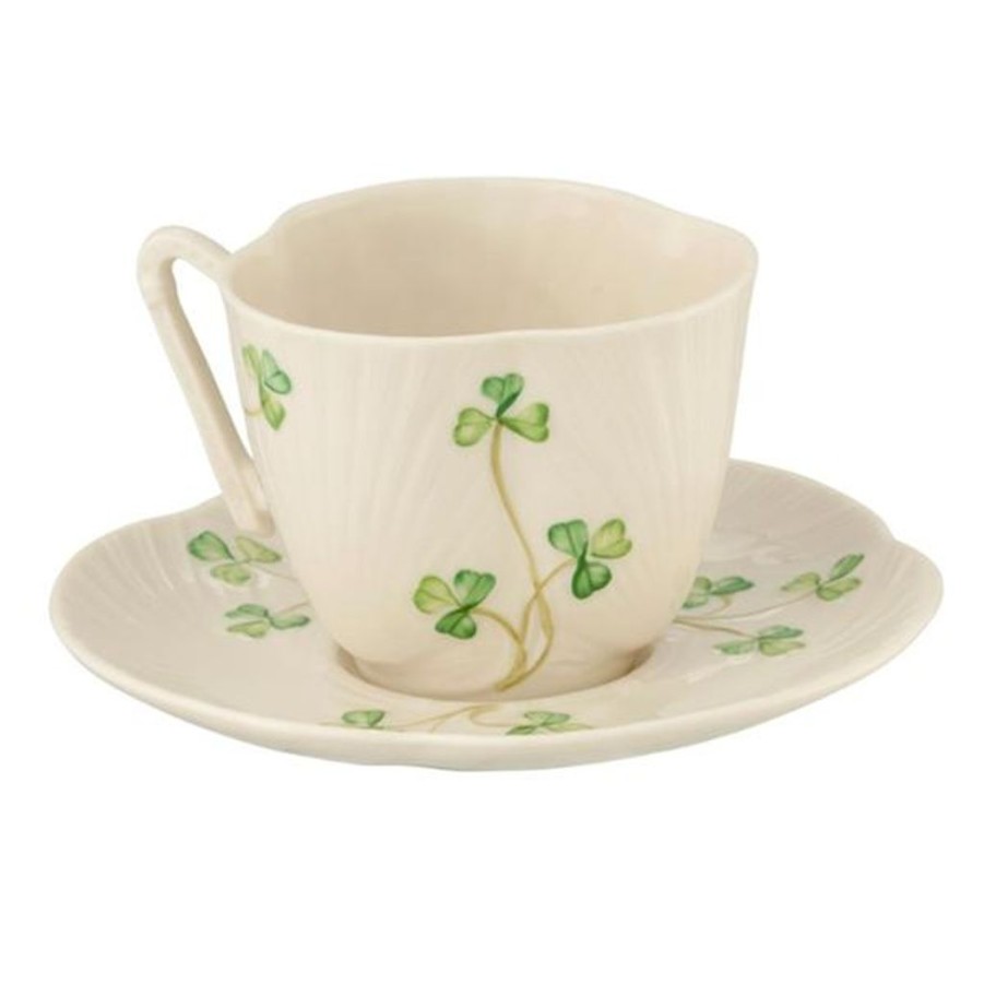 Tabletop Belleek Belleek | Belleek Shamrock Harp Teacup & Saucer Set