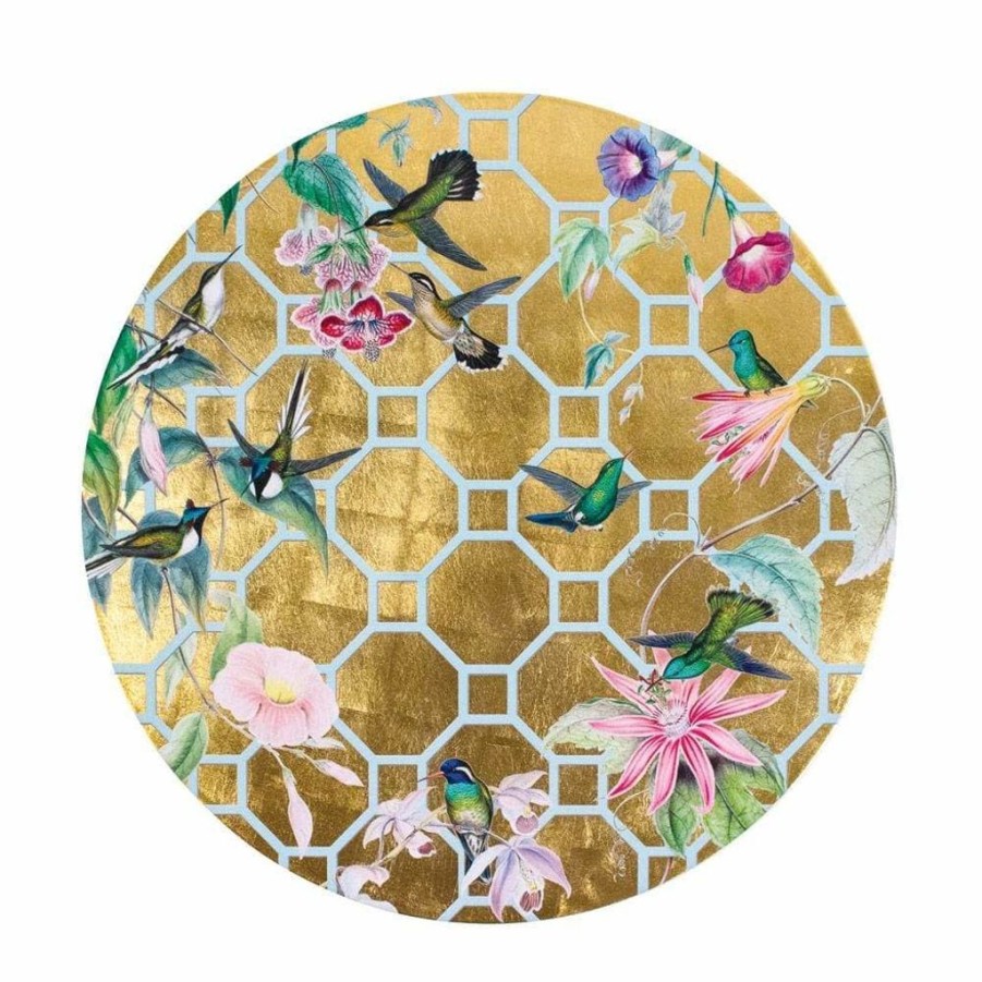 Tabletop British Isles | Caspari Round Hummingbird Trellis Gold Lacquer Placemat Chatsworth