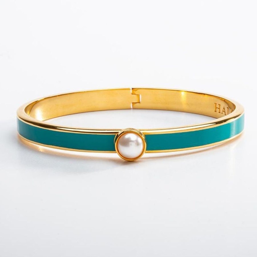 Wear Halcyon Days Bracelets & Bangles | Halcyon Days 6Mm Cabochon Pearl, Turquoise & Gold Hinged Skinny Bangle