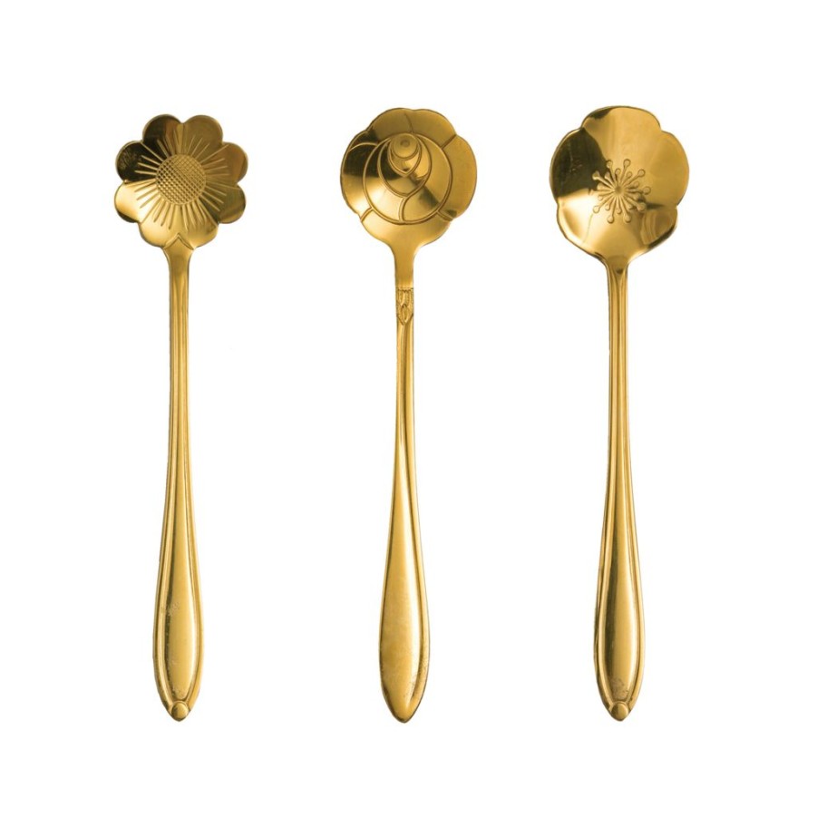 Tea Time British Isles Strainers, Infusers & Spoons | Stainless Steel Flower Shaped Spoons, Gold Finish