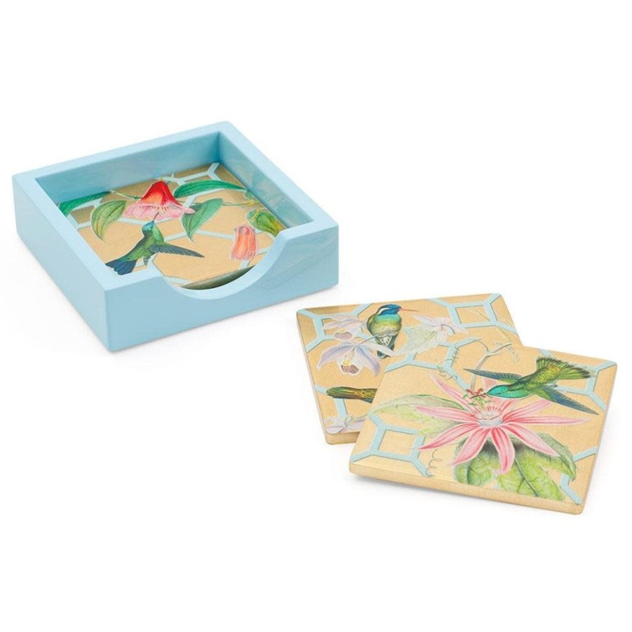 Tabletop British Isles | Caspari Hummingbird Trellis Gold Lacquer Coaster (Set Of 4)