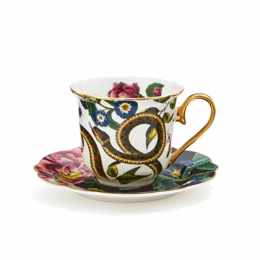 Tea Time Spode Teacups & Saucers | Spode Creatures Of Curiosity Snake & Dark Floral Teacup & Sauce