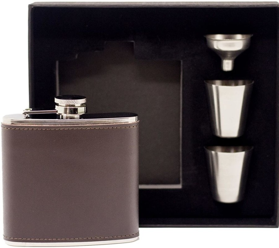 Tabletop British Isles | Black Leather Flask Set With 2 Shot Glasses And Funnel